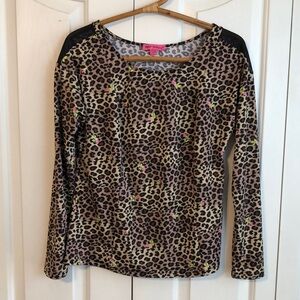 Betsey Johnson Animal Floral Print Mesh Shoulders Stretch Knit Top Size M